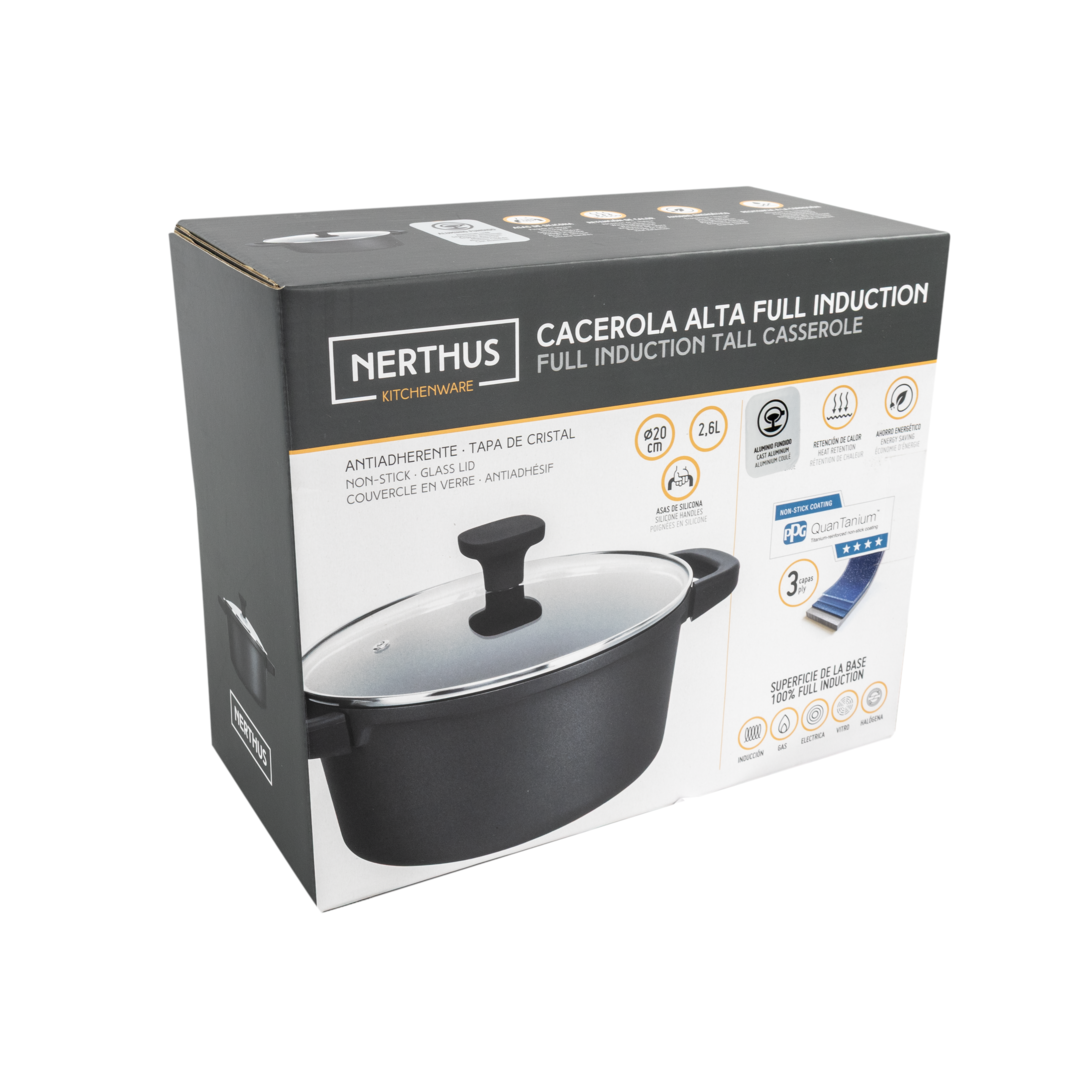 Cacerola Alta de Aluminio Fundido con Tapa de Cristal – Antiadherente Quantanium