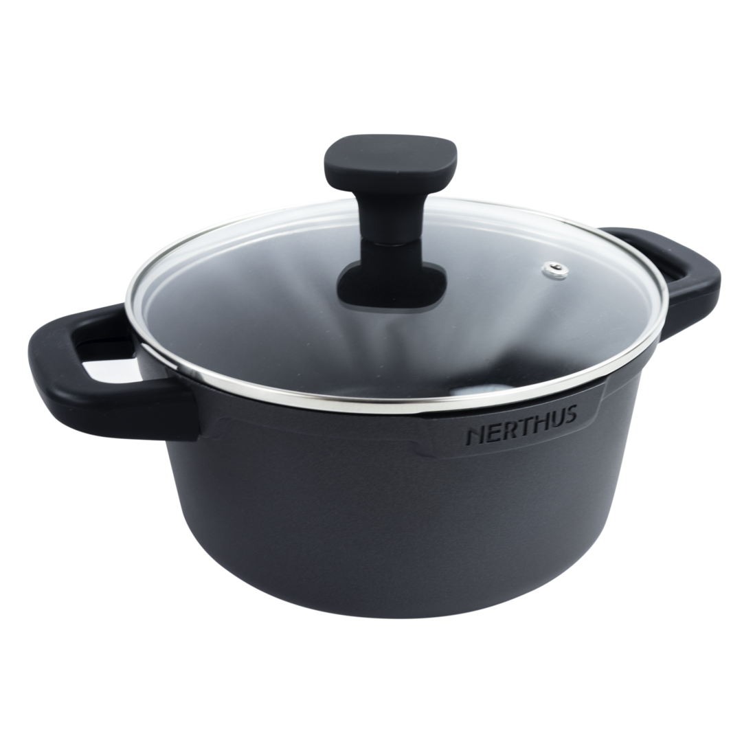 Cargar vídeo: Cacerola Alta de Aluminio Fundido con Tapa de Cristal – Antiadherente Quantanium